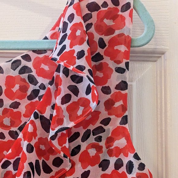 Blue and Red Floral Poppy Sheer Ruffle sleeveless blouse - Picture 3 of 10